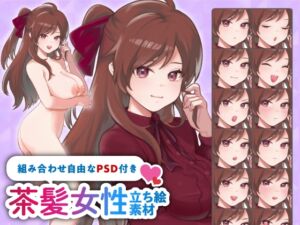 [RJ01349122][素材WIZPACK] 【立ち絵素材】ツンデレな雰囲気の茶髪ハーフアップ女性のイラスト・巨乳/服有り・裸verの2種類/全身差分14種【PSD付き】